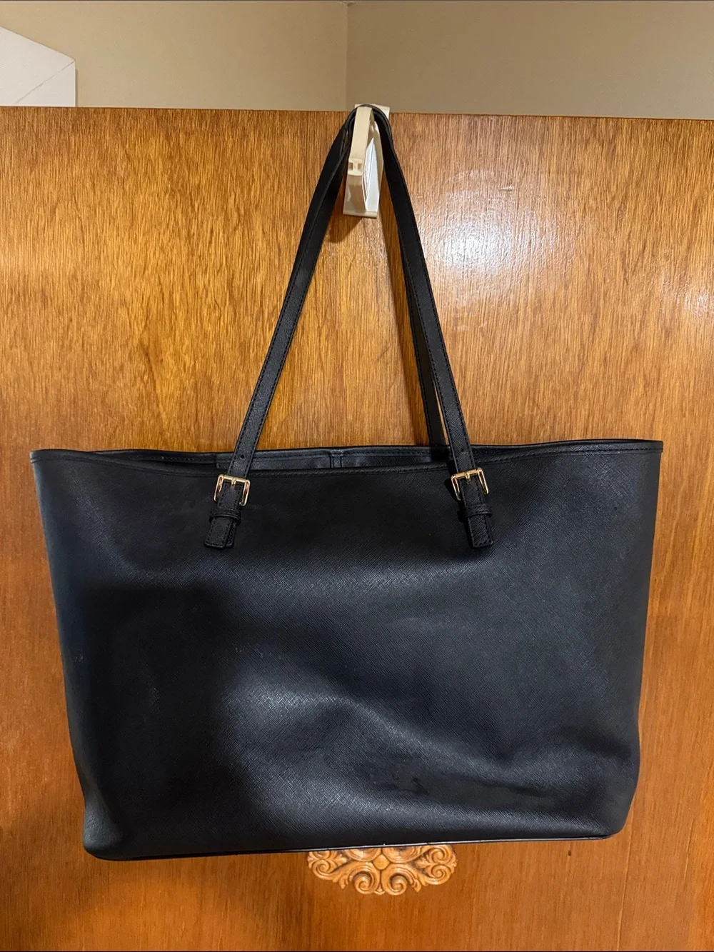 Michael Kors Black Leather Saffiano Tote with Gold Accent Charm